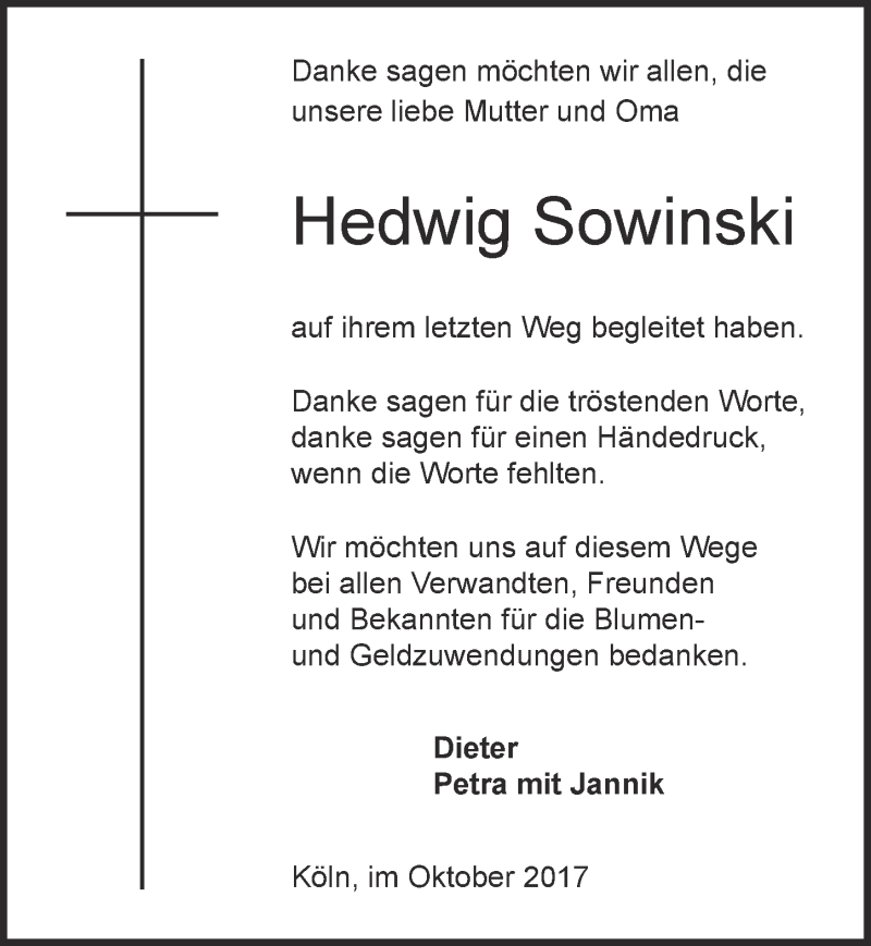  Traueranzeige für Hedwig Sowinski vom 18.10.2017 aus  Kölner Wochenspiegel 
