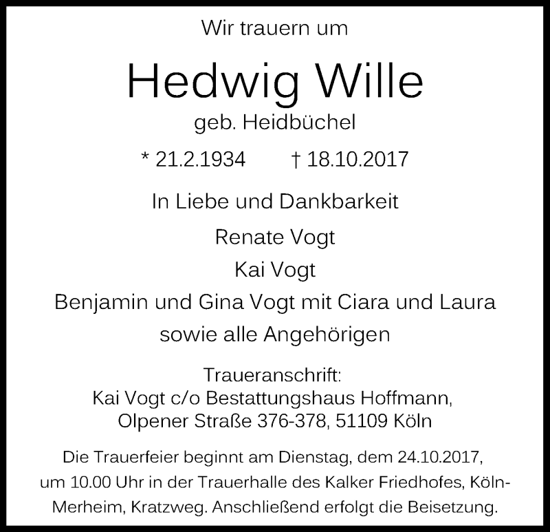  Traueranzeige für Hedwig Wille vom 21.10.2017 aus Kölner Stadt-Anzeiger / Kölnische Rundschau / Express
