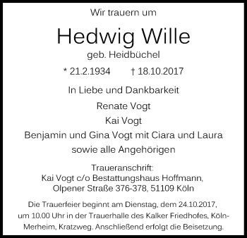 Anzeige von Hedwig Wille von Kölner Stadt-Anzeiger / Kölnische Rundschau / Express