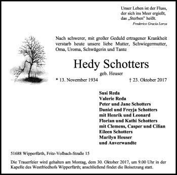 Anzeige von Hedy Schotters von Kölner Stadt-Anzeiger / Kölnische Rundschau / Express