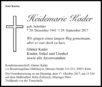 Anzeige von Heidemarie Kader von Kölner Stadt-Anzeiger / Kölnische Rundschau / Express