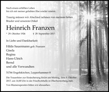 Anzeige von Heinrich Franzen von Kölner Stadt-Anzeiger / Kölnische Rundschau / Express