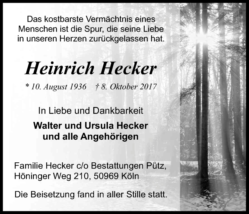  Traueranzeige für Heinrich Hecker vom 14.10.2017 aus Kölner Stadt-Anzeiger / Kölnische Rundschau / Express