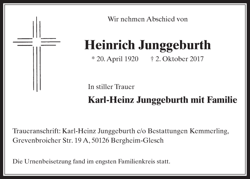  Traueranzeige für Heinrich Junggeburth vom 18.10.2017 aus  Werbepost 