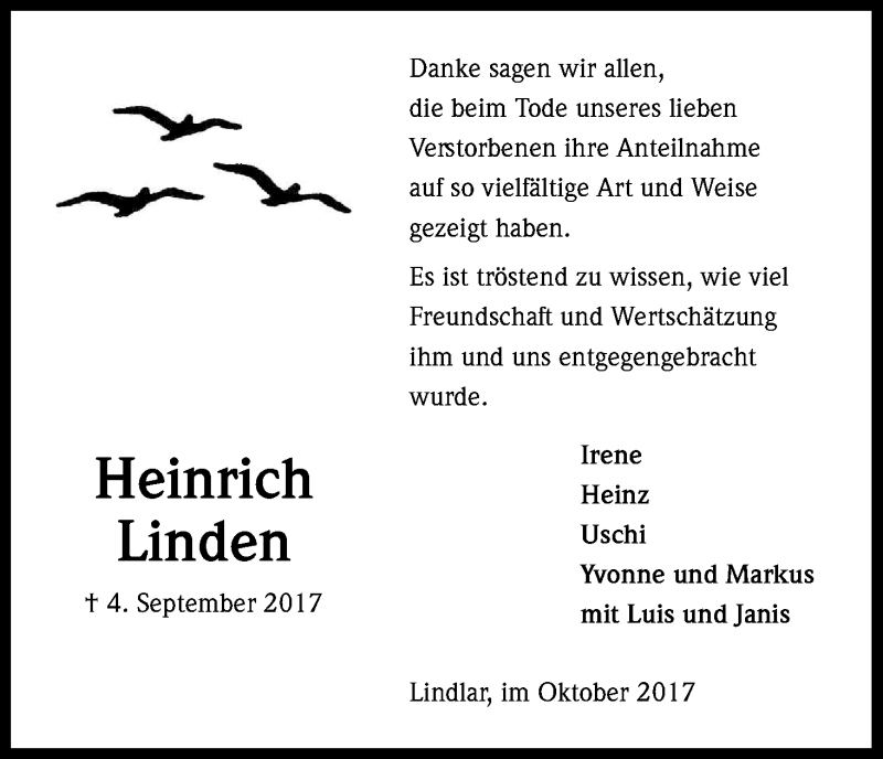  Traueranzeige für Heinrich Linden vom 12.10.2017 aus Kölner Stadt-Anzeiger / Kölnische Rundschau / Express