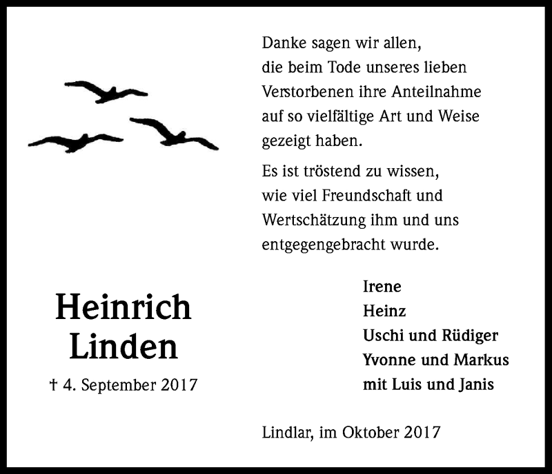  Traueranzeige für Heinrich Linden vom 17.10.2017 aus Kölner Stadt-Anzeiger / Kölnische Rundschau / Express