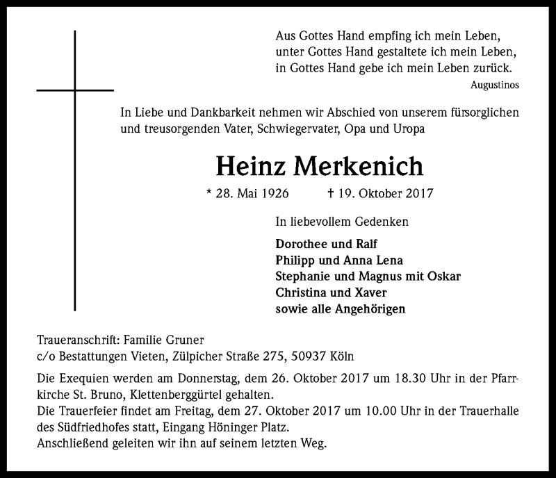  Traueranzeige für Heinrich Merkenich vom 21.10.2017 aus Kölner Stadt-Anzeiger / Kölnische Rundschau / Express