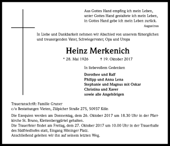 Anzeige von Heinrich Merkenich von Kölner Stadt-Anzeiger / Kölnische Rundschau / Express