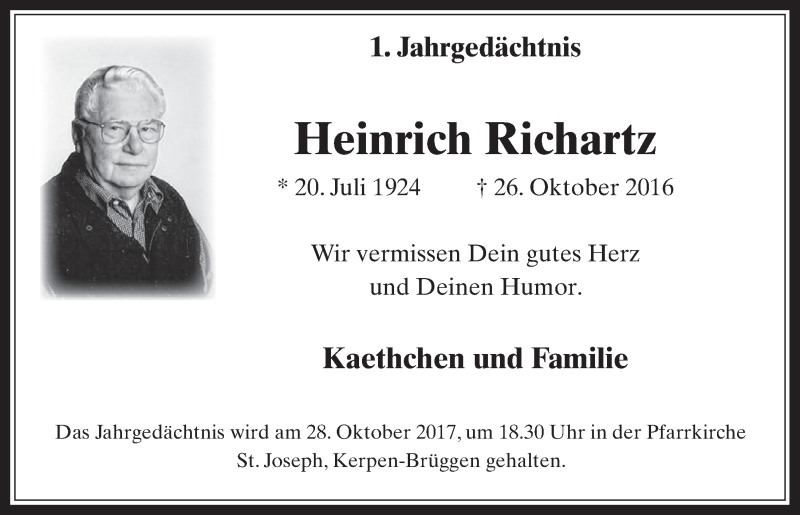  Traueranzeige für Heinrich Richartz vom 25.10.2017 aus  Werbepost 