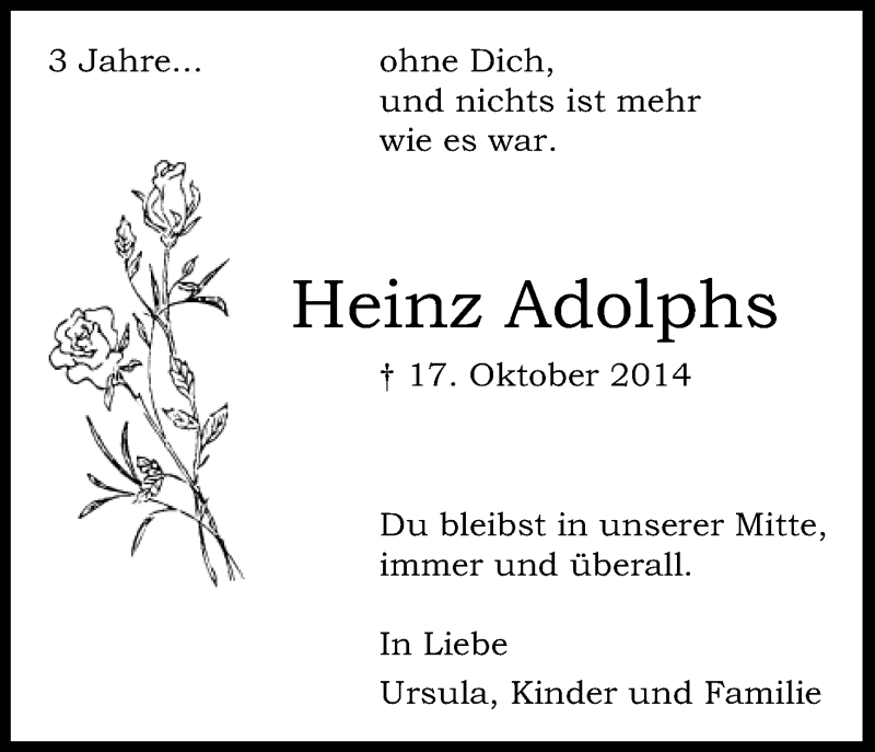  Traueranzeige für Heinz Adolphs vom 17.10.2017 aus Kölner Stadt-Anzeiger / Kölnische Rundschau / Express