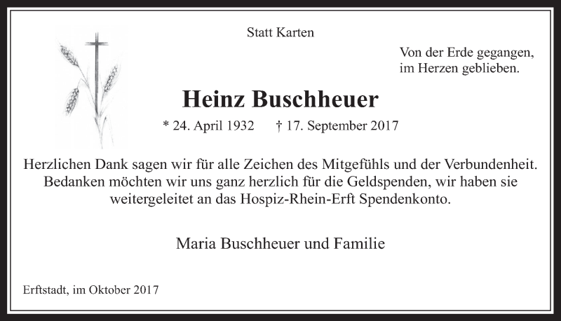  Traueranzeige für Heinz Buschheuer vom 18.10.2017 aus  Werbepost 