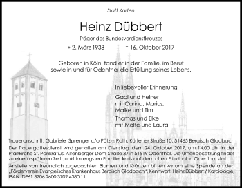 Anzeige von Heinz Dübbert von Kölner Stadt-Anzeiger / Kölnische Rundschau / Express