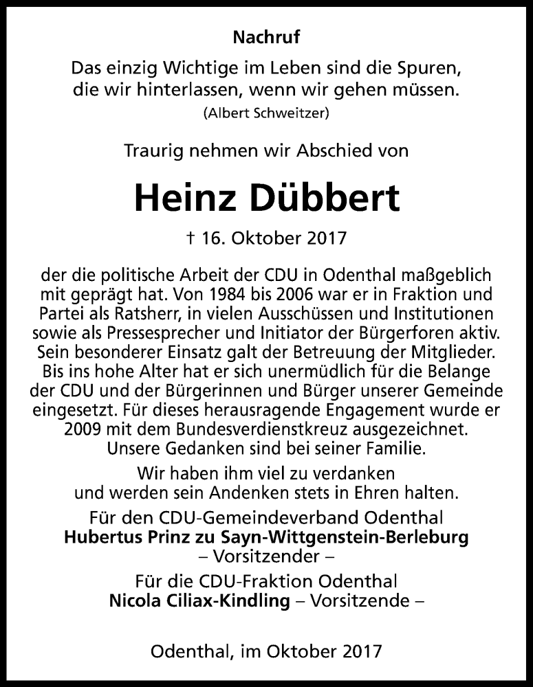  Traueranzeige für Heinz Dübbert vom 21.10.2017 aus Kölner Stadt-Anzeiger / Kölnische Rundschau / Express