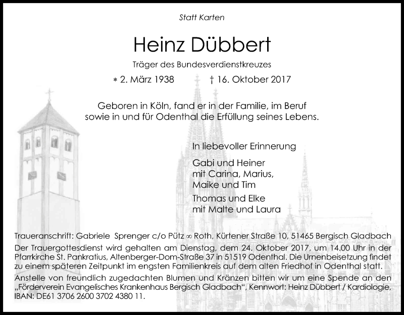  Traueranzeige für Heinz Dübbert vom 21.10.2017 aus Kölner Stadt-Anzeiger / Kölnische Rundschau / Express