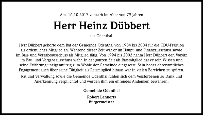  Traueranzeige für Heinz Dübbert vom 21.10.2017 aus Kölner Stadt-Anzeiger / Kölnische Rundschau / Express
