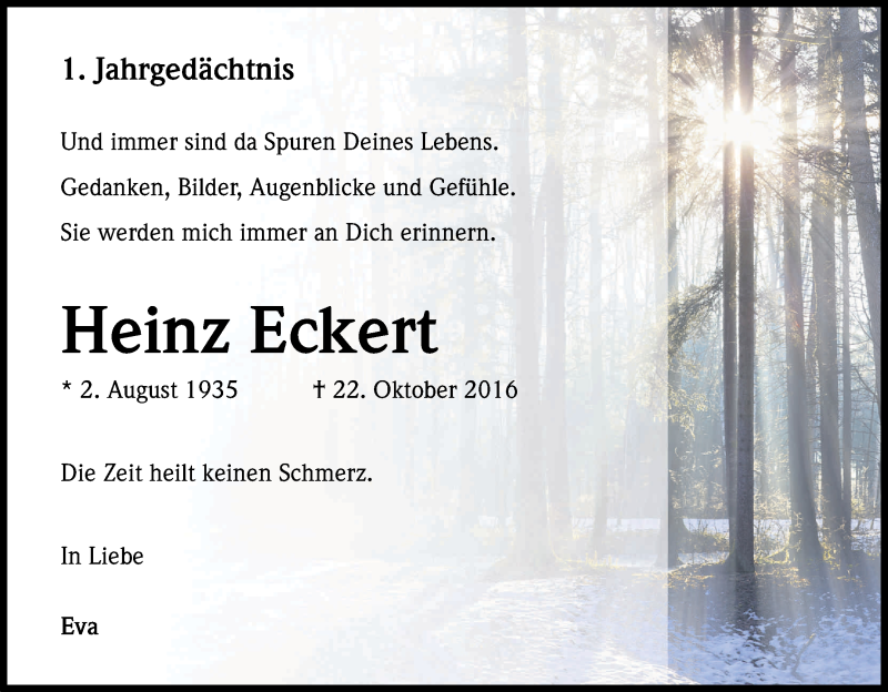  Traueranzeige für Heinz Eckert vom 23.10.2017 aus Kölner Stadt-Anzeiger / Kölnische Rundschau / Express