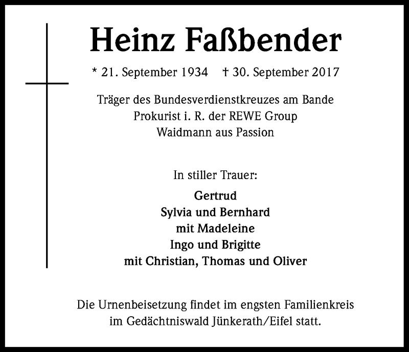  Traueranzeige für Heinz Faßbender vom 07.10.2017 aus Kölner Stadt-Anzeiger / Kölnische Rundschau / Express
