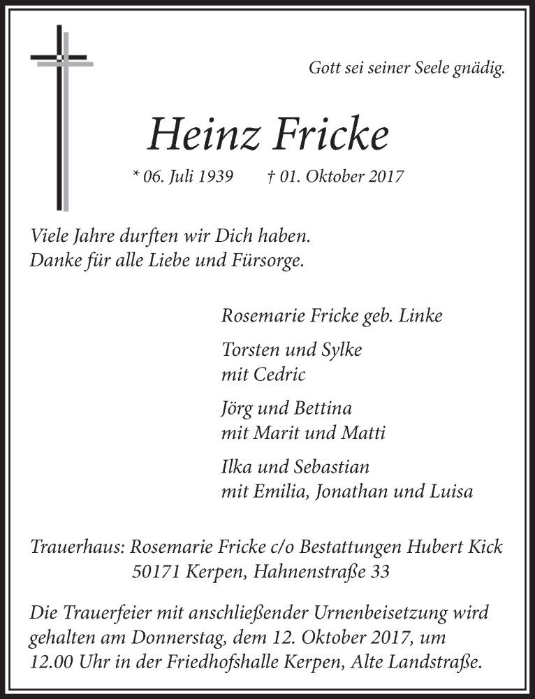  Traueranzeige für Heinz Fricke vom 07.10.2017 aus  Sonntags-Post 