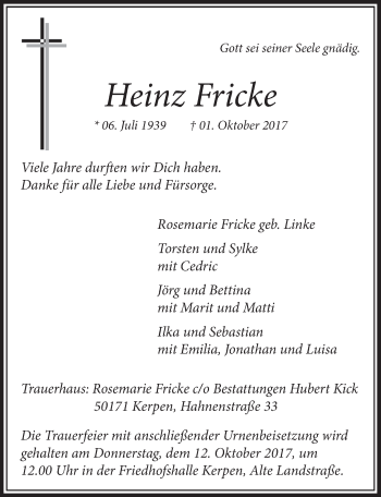 Anzeige von Heinz Fricke von  Sonntags-Post 