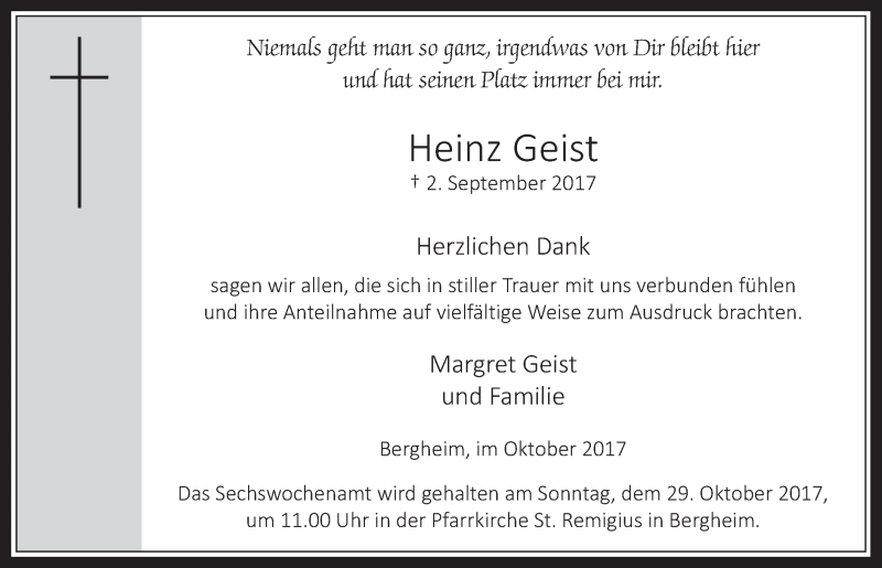  Traueranzeige für Heinz Geist vom 18.10.2017 aus  Werbepost 