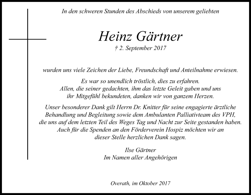  Traueranzeige für Heinz Gärtner vom 11.10.2017 aus Kölner Stadt-Anzeiger / Kölnische Rundschau / Express