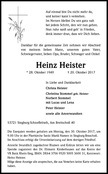 Anzeige von Heinz Heister von Kölner Stadt-Anzeiger / Kölnische Rundschau / Express