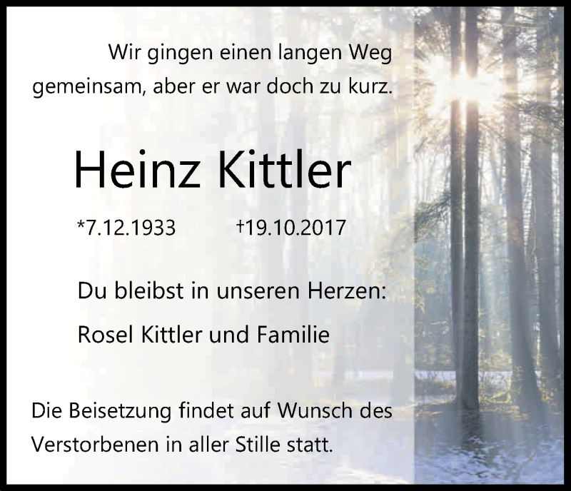  Traueranzeige für Heinz Kittler vom 28.10.2017 aus Kölner Stadt-Anzeiger / Kölnische Rundschau / Express