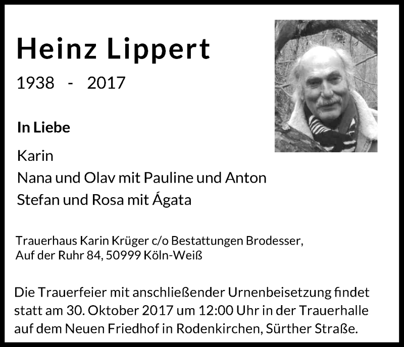 Traueranzeige für Heinz Lippert vom 21.10.2017 aus Kölner Stadt-Anzeiger / Kölnische Rundschau / Express