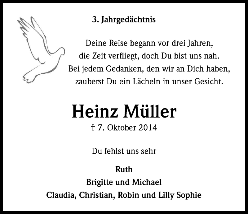  Traueranzeige für Heinz Müller vom 07.10.2017 aus Kölner Stadt-Anzeiger / Kölnische Rundschau / Express