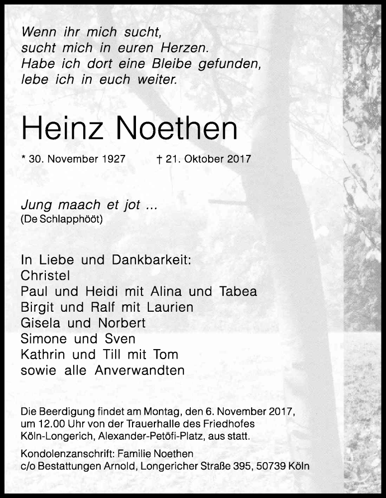  Traueranzeige für Heinz Noethen vom 28.10.2017 aus Kölner Stadt-Anzeiger / Kölnische Rundschau / Express
