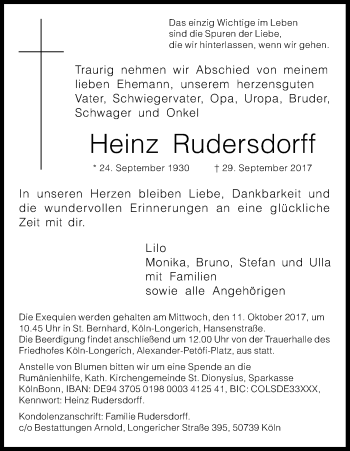 Anzeige von Heinz Rudersdorff von Kölner Stadt-Anzeiger / Kölnische Rundschau / Express