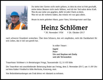 Anzeige von Heinz Schlömer von Kölner Stadt-Anzeiger / Kölnische Rundschau / Express