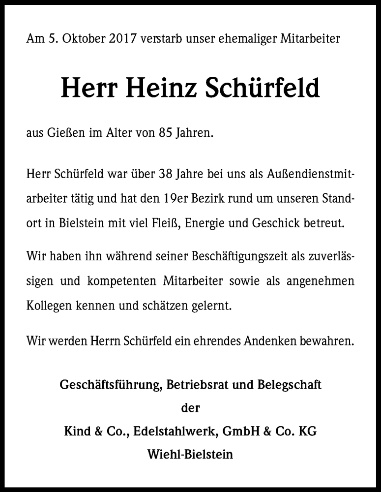  Traueranzeige für Heinz Schürfeld vom 19.10.2017 aus Kölner Stadt-Anzeiger / Kölnische Rundschau / Express