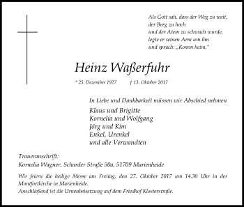 Anzeige von Heinz Waßerfuhr von Kölner Stadt-Anzeiger / Kölnische Rundschau / Express