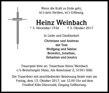 Anzeige von Heinz Weinbach von Kölner Stadt-Anzeiger / Kölnische Rundschau / Express