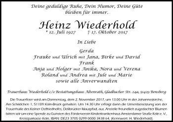 Anzeige von Heinz Wiederhold von Kölner Stadt-Anzeiger / Kölnische Rundschau / Express