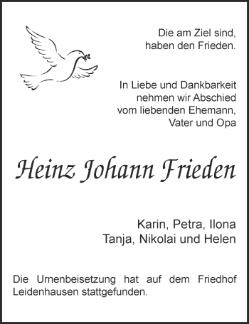 Anzeige von Heinz Johann Frieden von  Kölner Wochenspiegel 