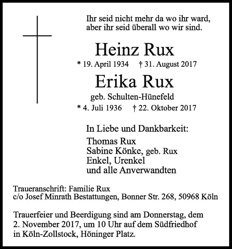 Traueranzeige für Heinz und Erika Rux vom 27.10.2017 aus Kölner Stadt-Anzeiger / Kölnische Rundschau / Express