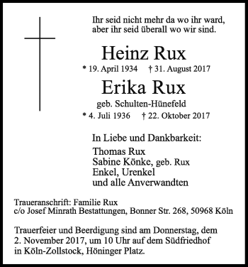 Anzeige von Heinz und Erika Rux von Kölner Stadt-Anzeiger / Kölnische Rundschau / Express
