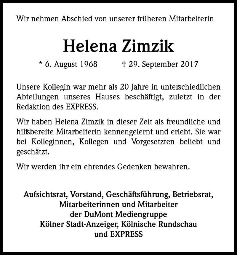  Traueranzeige für Helena Zimzik vom 14.10.2017 aus Kölner Stadt-Anzeiger / Kölnische Rundschau / Express