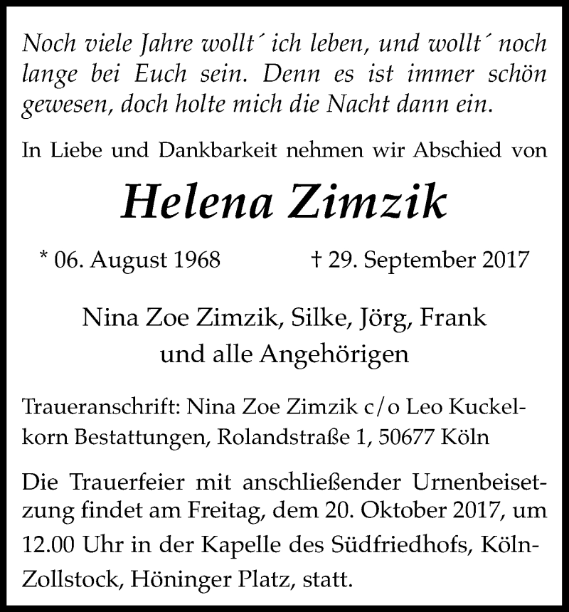  Traueranzeige für Helena Zimzik vom 14.10.2017 aus Kölner Stadt-Anzeiger / Kölnische Rundschau / Express