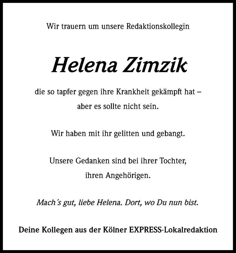  Traueranzeige für Helena Zimzik vom 14.10.2017 aus Kölner Stadt-Anzeiger / Kölnische Rundschau / Express