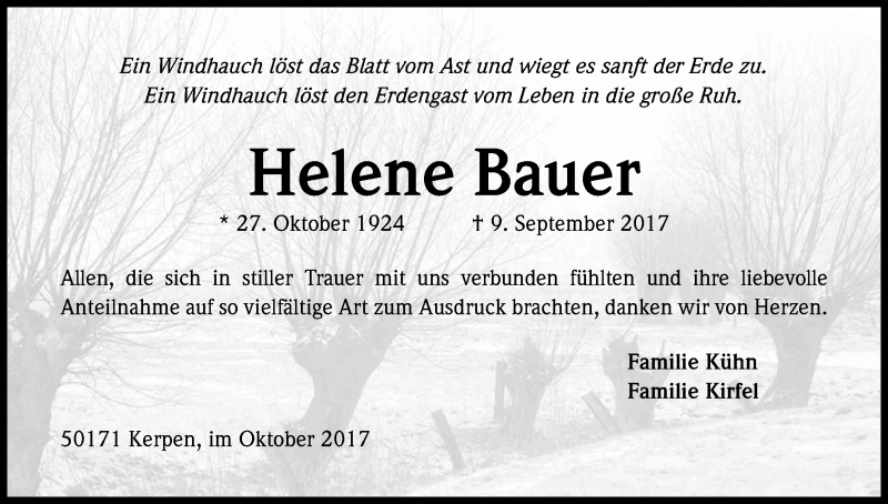  Traueranzeige für Helene Bauer vom 28.10.2017 aus Kölner Stadt-Anzeiger / Kölnische Rundschau / Express