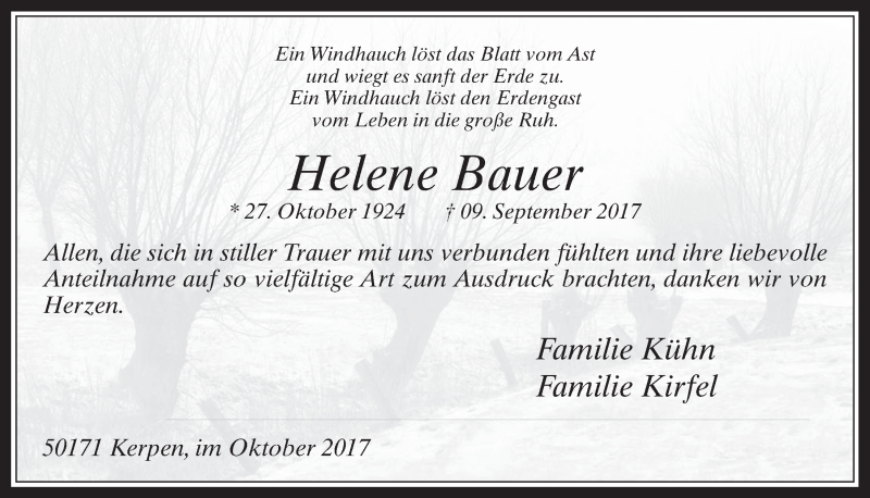  Traueranzeige für Helene Bauer vom 25.10.2017 aus  Werbepost 