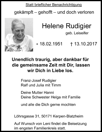 Anzeige von Helene Rudigier von Kölner Stadt-Anzeiger / Kölnische Rundschau / Express
