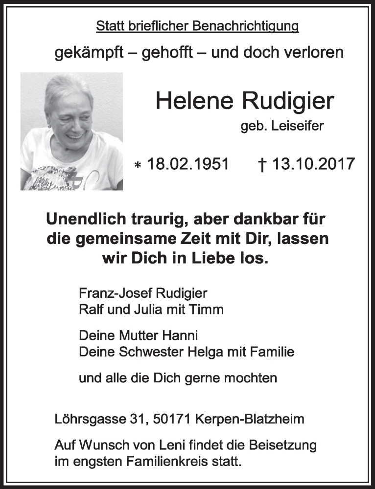  Traueranzeige für Helene Rudigier vom 21.10.2017 aus  Sonntags-Post 