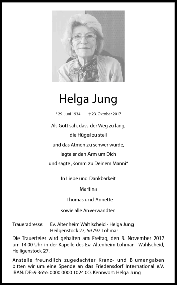 Anzeige von Helga Jung von Kölner Stadt-Anzeiger / Kölnische Rundschau / Express