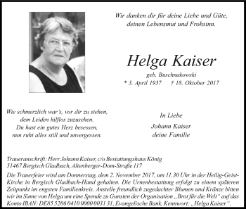 Anzeige von Helga Kaiser von Kölner Stadt-Anzeiger / Kölnische Rundschau / Express