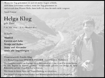 Anzeige von Helga Klug von Kölner Stadt-Anzeiger / Kölnische Rundschau / Express