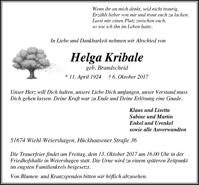  Traueranzeige für Helga Kribale vom 11.10.2017 aus  Anzeigen Echo 